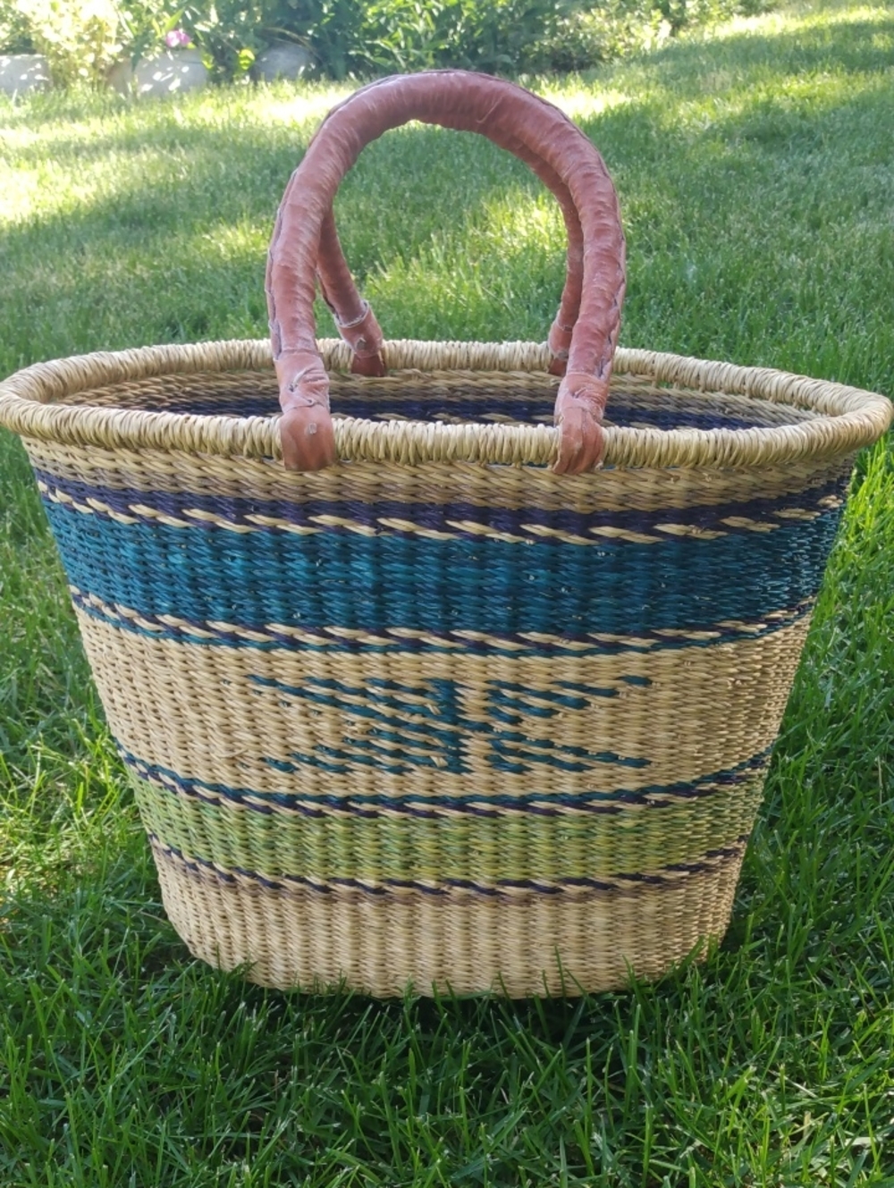 Handwoven African Grass Basket Tote in Teal, Green and Natural